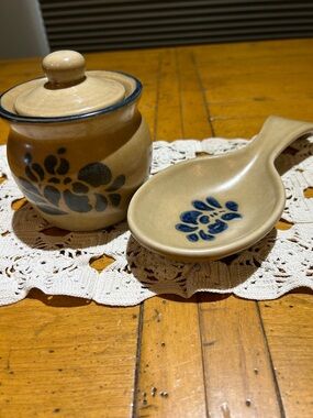 Pfaltzgraff Folk Art sugar bowl and spoon rest.